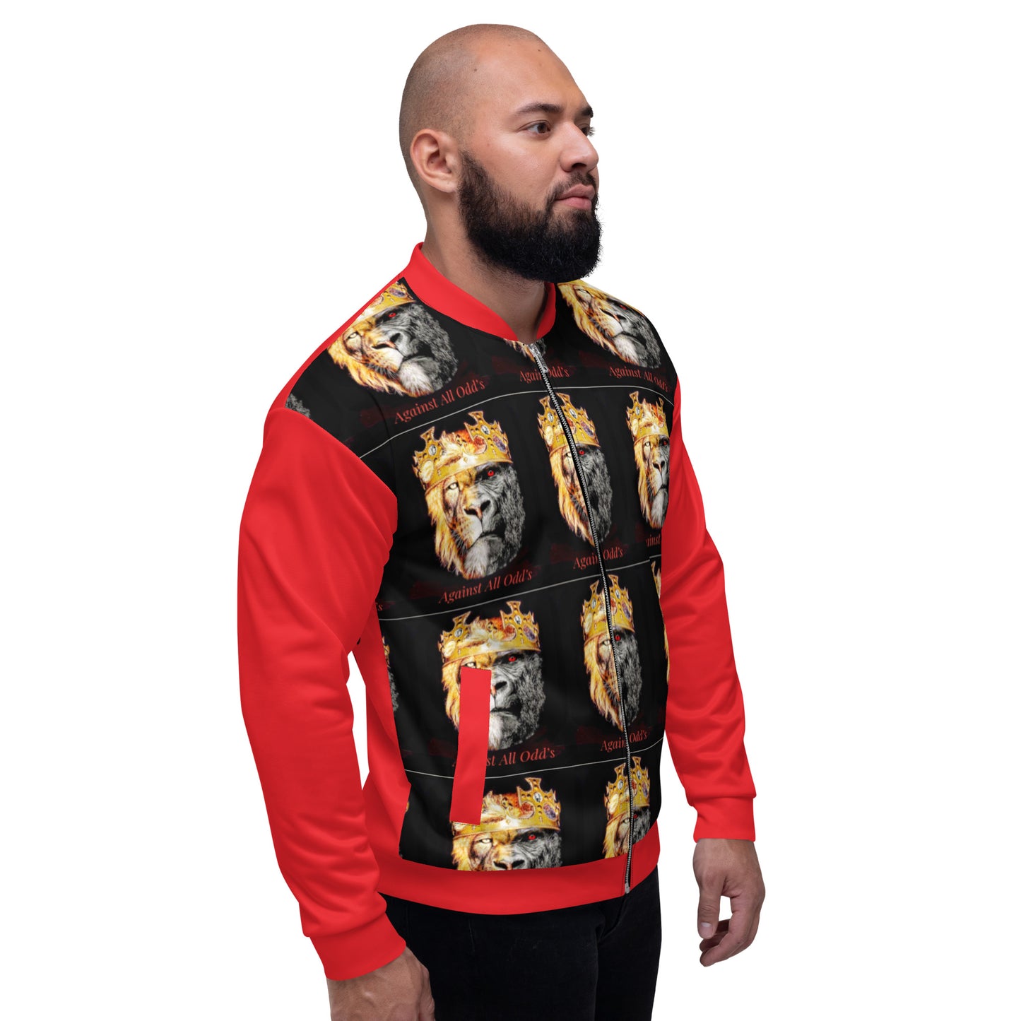 Unisex Bomber Jacket King/Silver front Win back Red