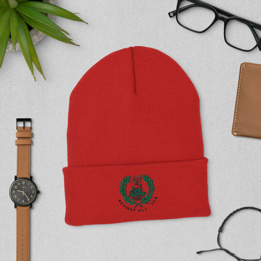 Win ( puff red rose) Cuffed Beanie