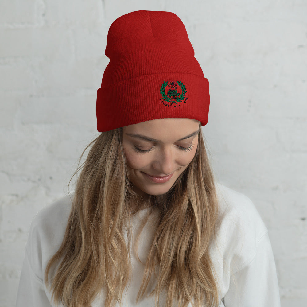 Win ( puff red rose) Cuffed Beanie